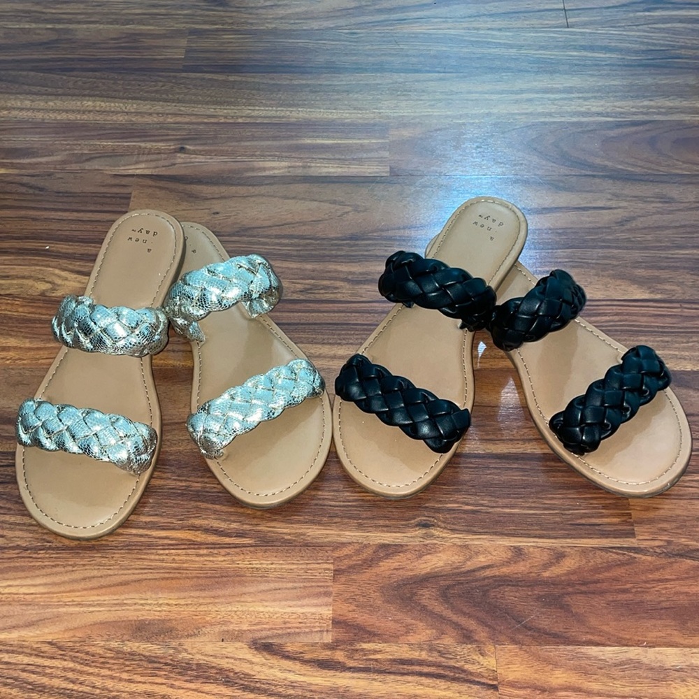 a new day Braided Double Strap Slide Sandals in Black and gold